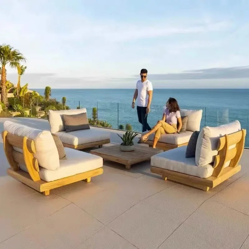 Outdoor Nordic Garden Furniture – Solid Wood Rattan Sofa & Coffee Table Combo