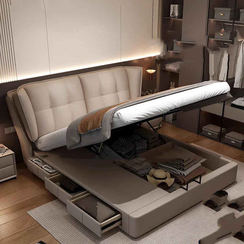 Modern Minimalist Leather Bed – Double Bedroom Storage Design, Unique Luxury Style