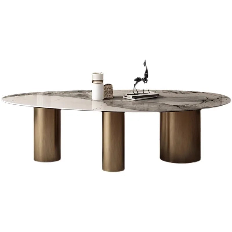 Italian Luxury Stainless Steel Dining Table, Oval Imported Stone Tabletop