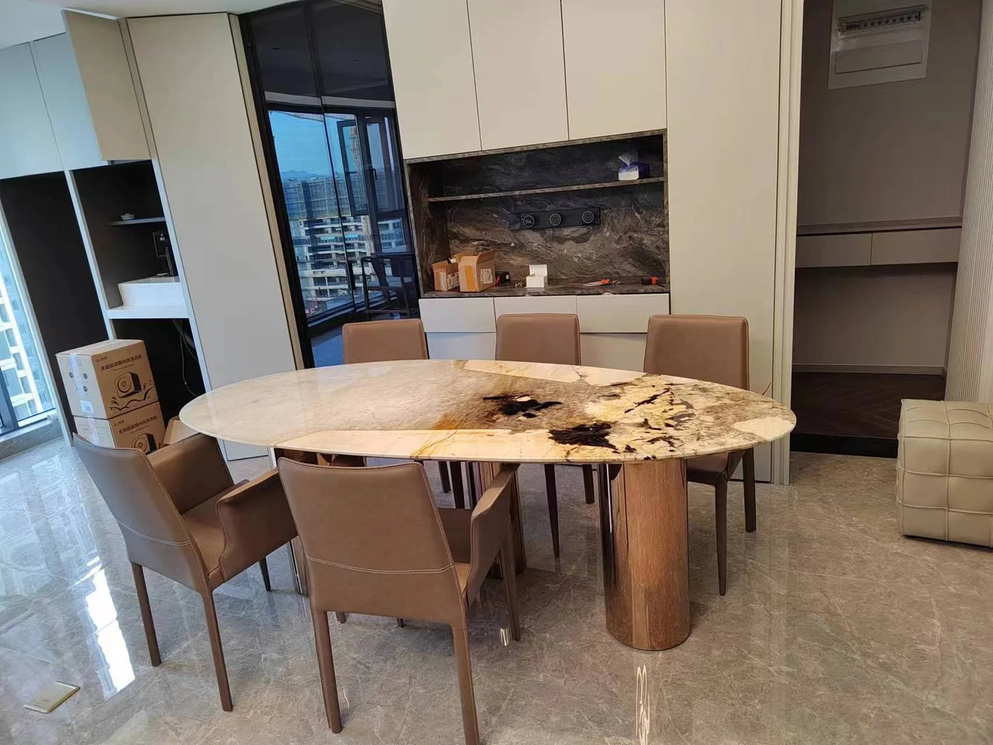 Italian Luxury Stainless Steel Dining Table, Oval Imported Stone Tabletop