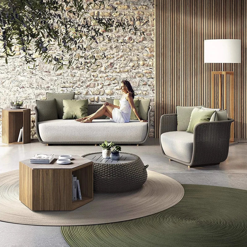 Outdoor Rattan Sofa – Three-Piece Waterproof Set for Villa Courtyard Garden