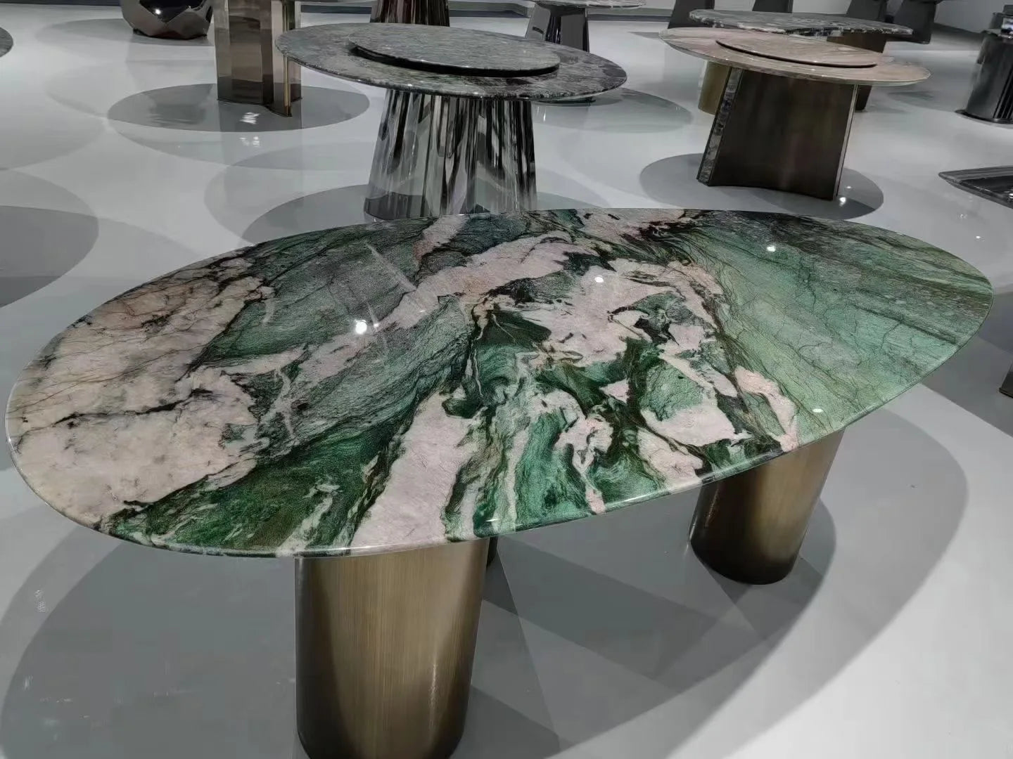 Italian Luxury Stainless Steel Dining Table, Oval Imported Stone Tabletop