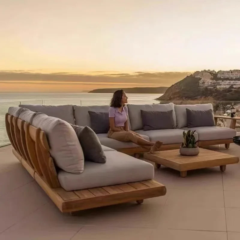 Outdoor Nordic Garden Furniture – Solid Wood Rattan Sofa & Coffee Table Combo