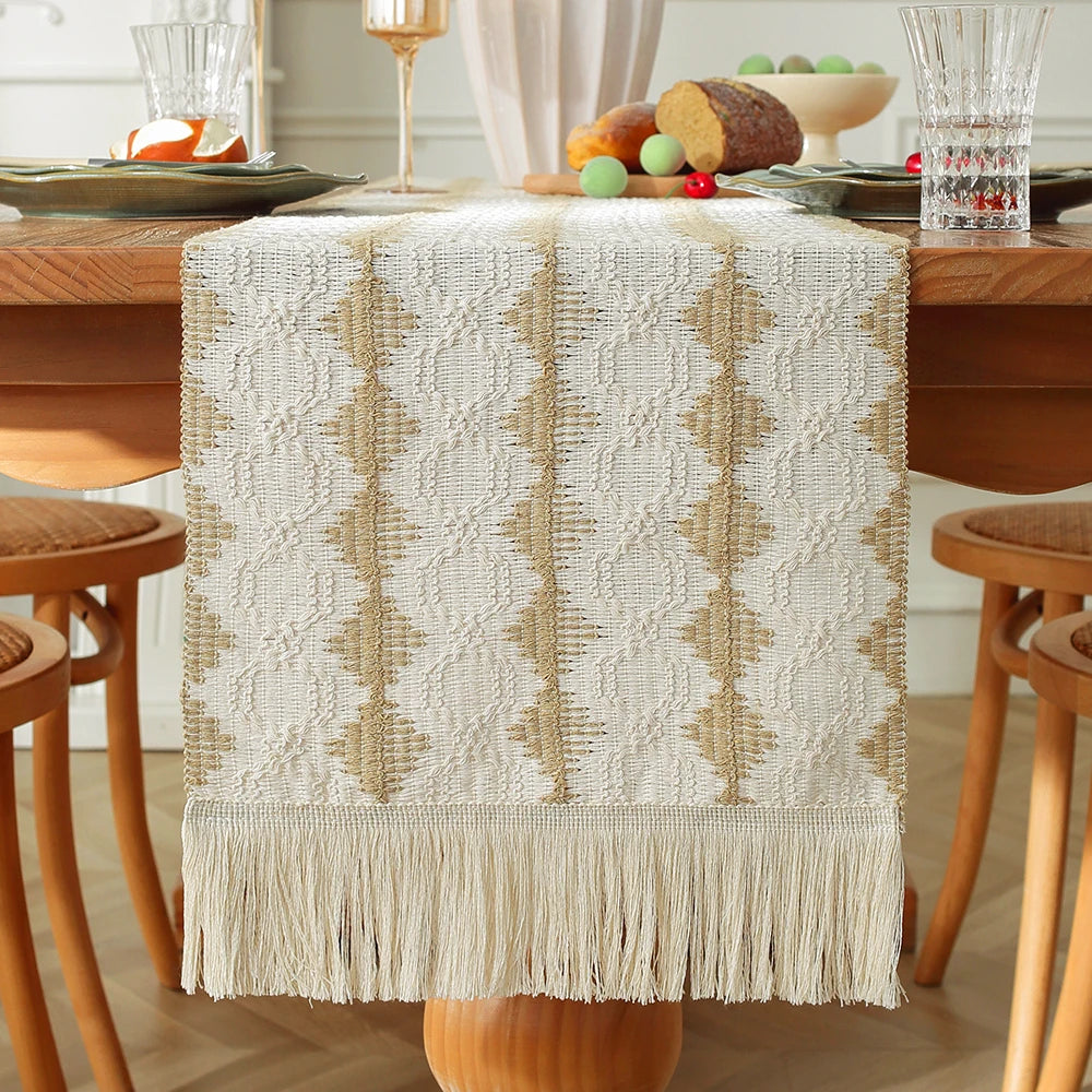 MACT Boho Table Runner with Tassels Home Decorate Macrame Cotton Linen Woven Table
