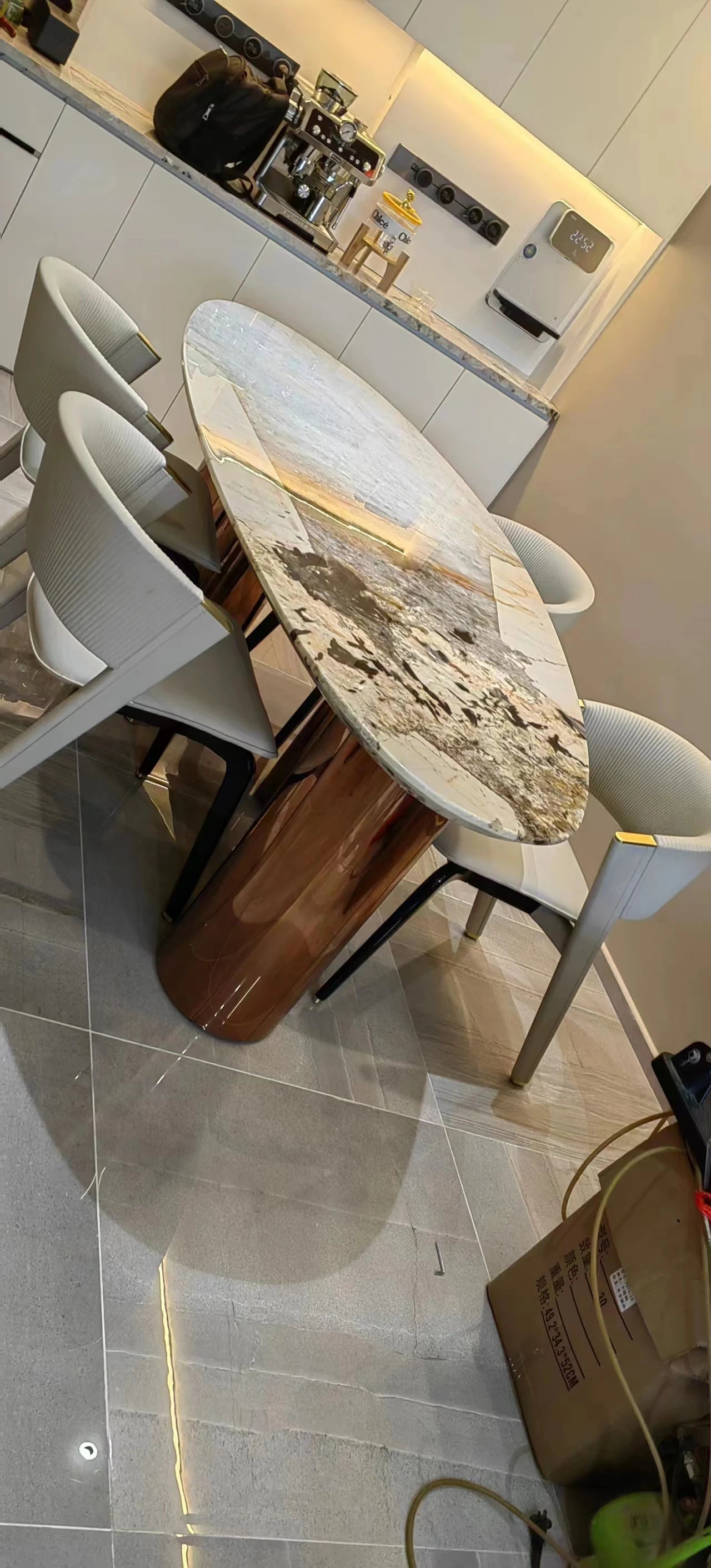 Italian Luxury Stainless Steel Dining Table, Oval Imported Stone Tabletop
