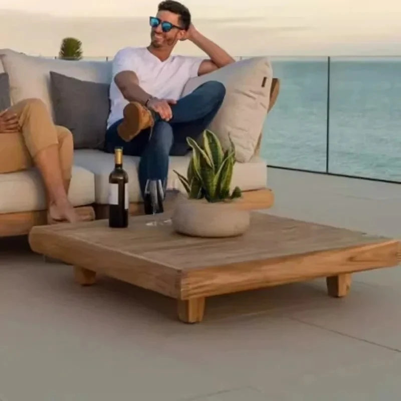Outdoor Nordic Garden Furniture – Solid Wood Rattan Sofa & Coffee Table Combo