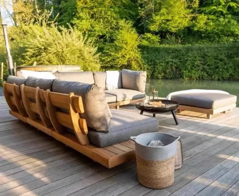 Outdoor Nordic Garden Furniture – Solid Wood Rattan Sofa & Coffee Table Combo