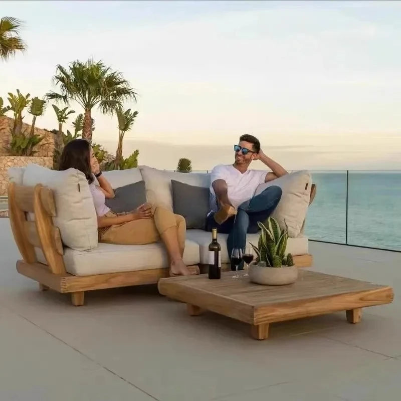 Outdoor Nordic Garden Furniture – Solid Wood Rattan Sofa & Coffee Table Combo