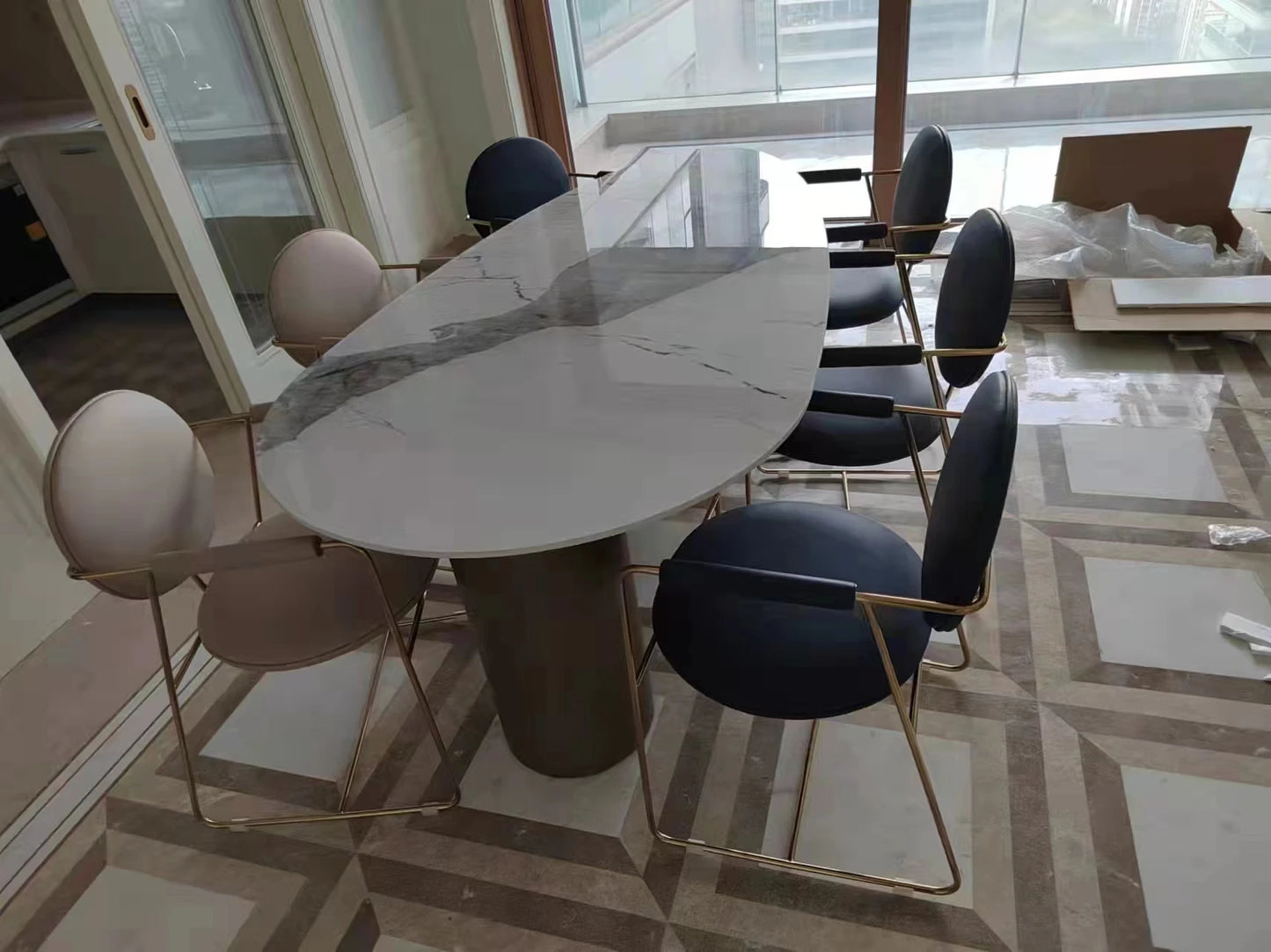 Italian Luxury Stainless Steel Dining Table, Oval Imported Stone Tabletop