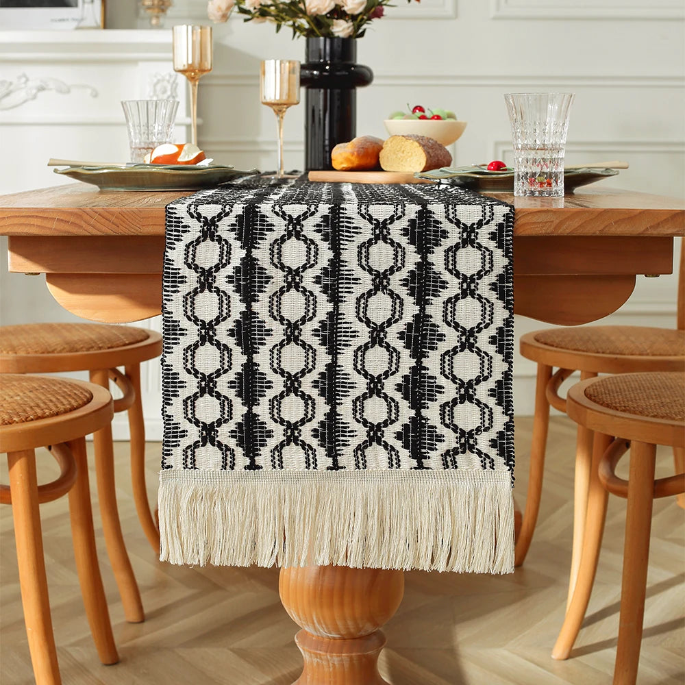 MACT Boho Table Runner with Tassels Home Decorate Macrame Cotton Linen Woven Table
