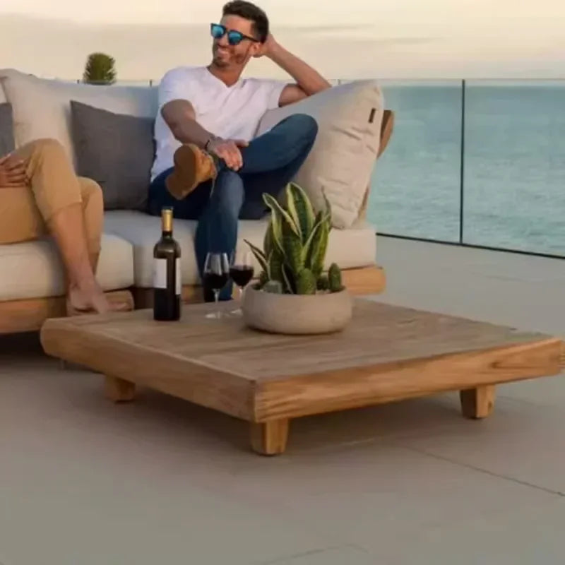 Outdoor Nordic Garden Furniture – Solid Wood Rattan Sofa & Coffee Table Combo