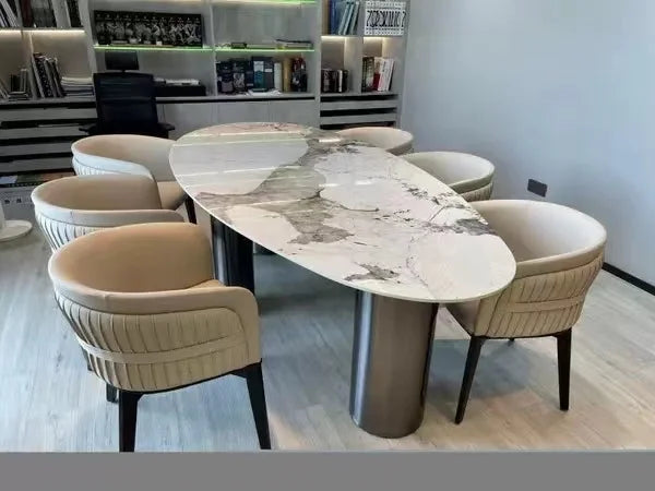Italian Luxury Stainless Steel Dining Table, Oval Imported Stone Tabletop