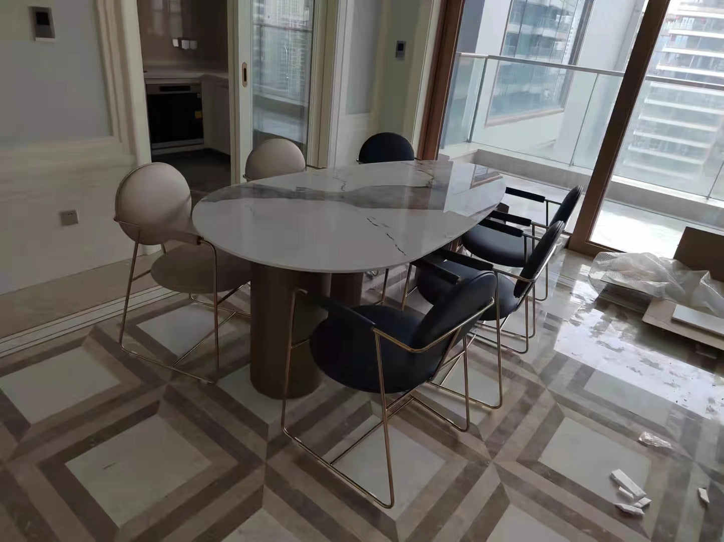 Italian Luxury Stainless Steel Dining Table, Oval Imported Stone Tabletop
