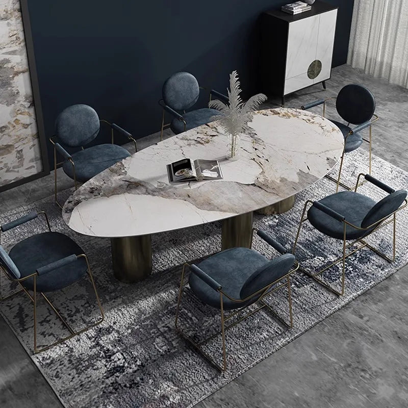 Italian Luxury Stainless Steel Dining Table, Oval Imported Stone Tabletop