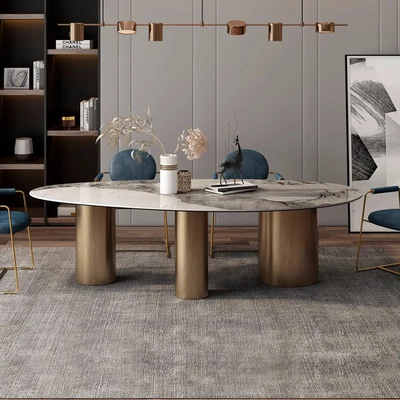 Italian Luxury Stainless Steel Dining Table, Oval Imported Stone Tabletop
