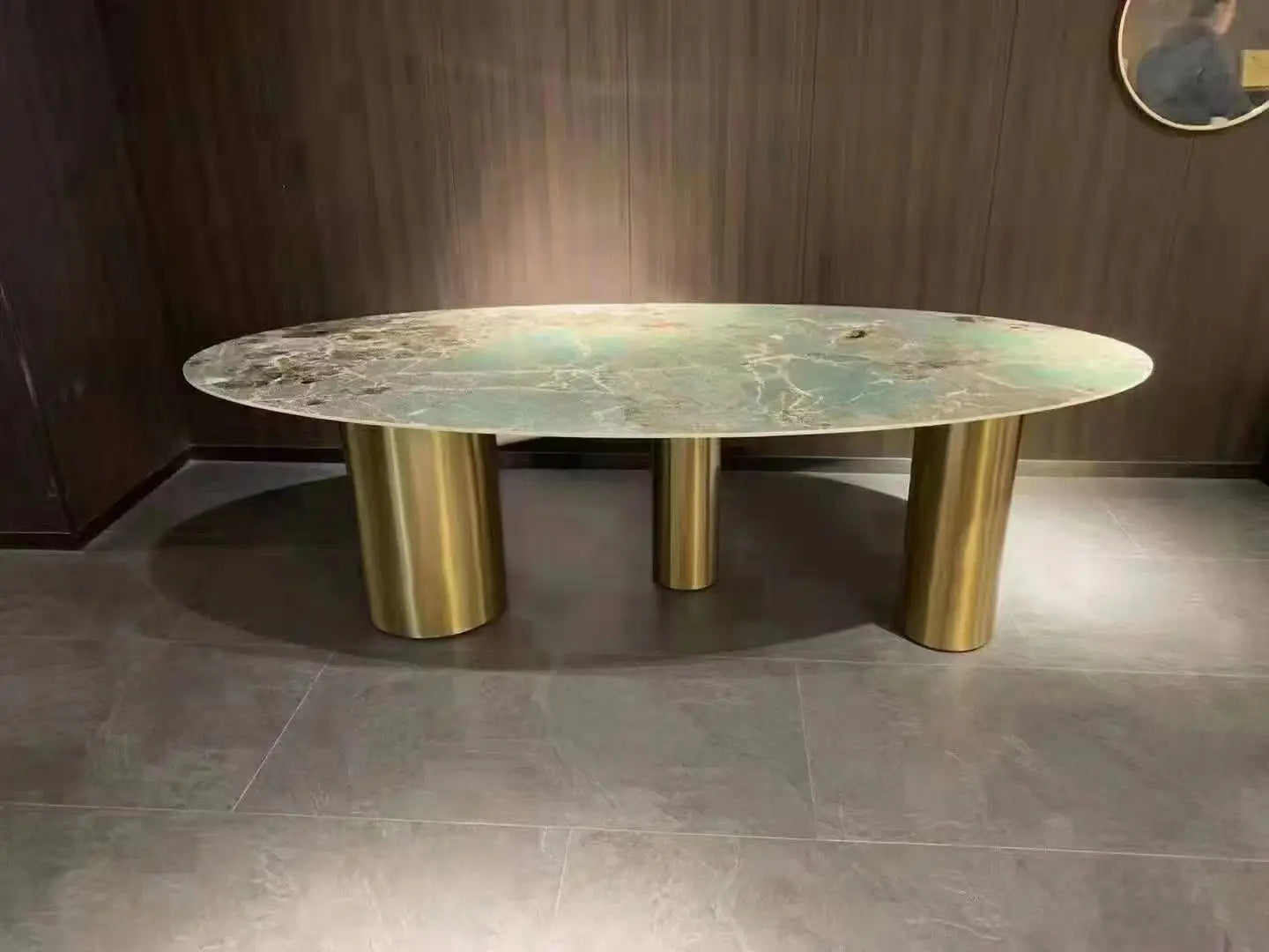 Italian Luxury Stainless Steel Dining Table, Oval Imported Stone Tabletop
