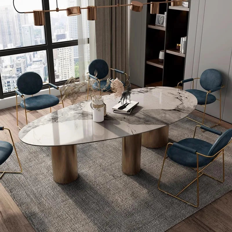 Italian Luxury Stainless Steel Dining Table, Oval Imported Stone Tabletop