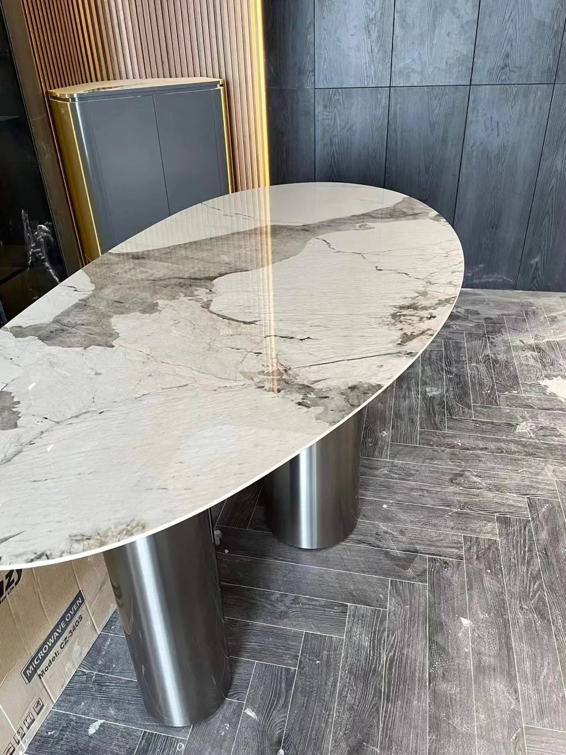 Italian Luxury Stainless Steel Dining Table, Oval Imported Stone Tabletop