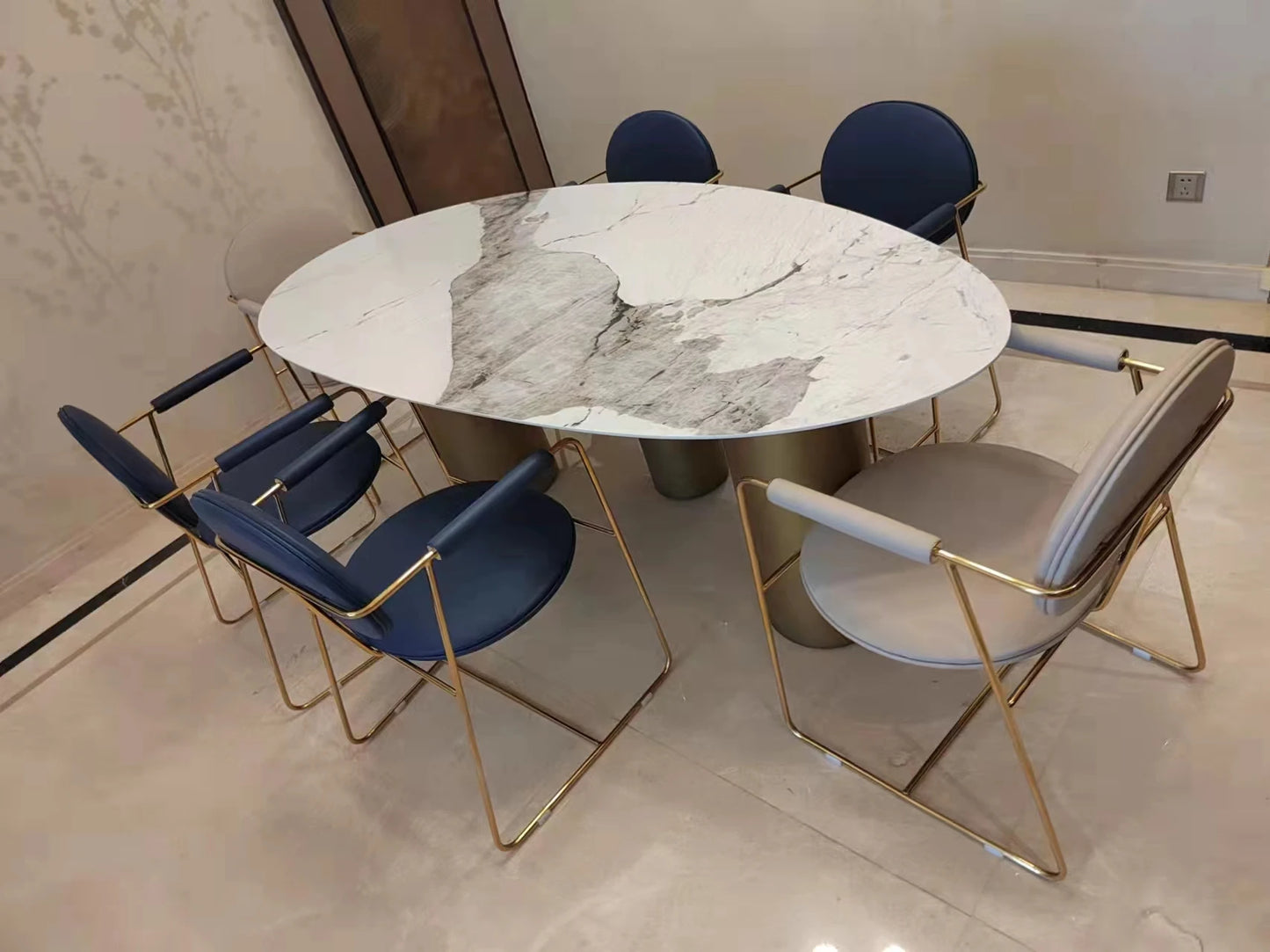 Italian Luxury Stainless Steel Dining Table, Oval Imported Stone Tabletop
