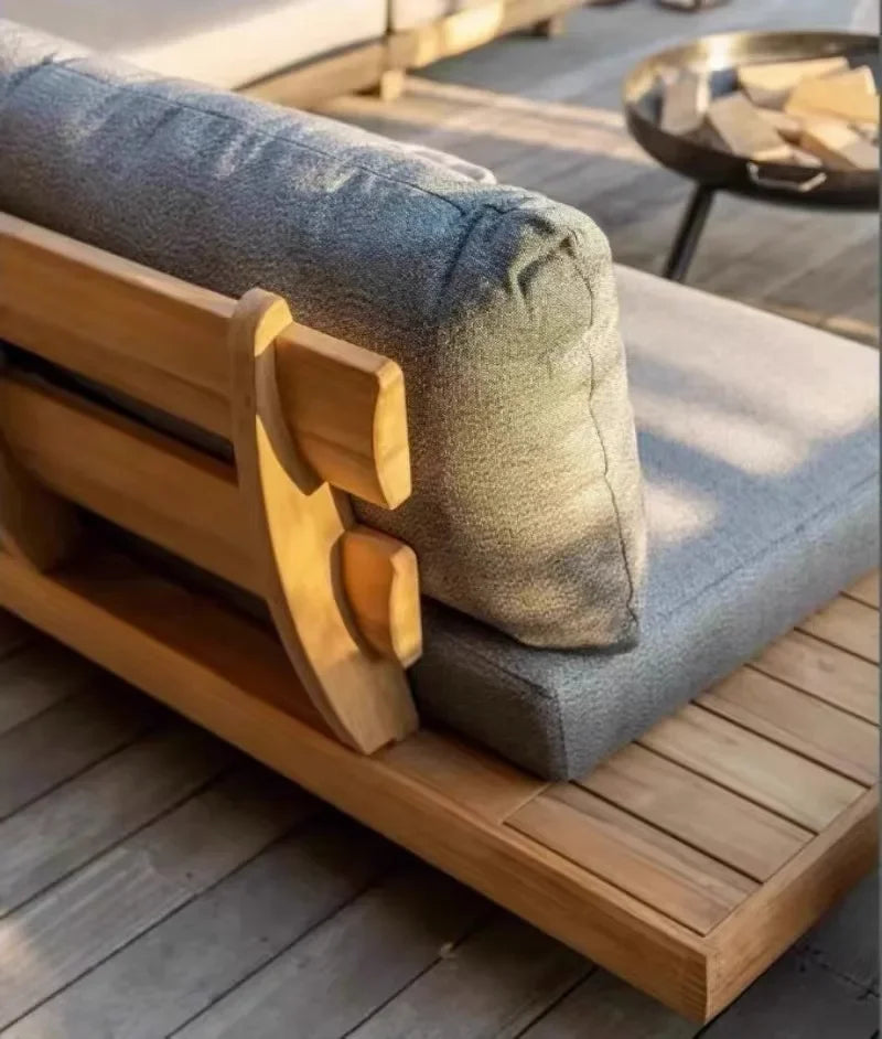 Outdoor Nordic Garden Furniture – Solid Wood Rattan Sofa & Coffee Table Combo