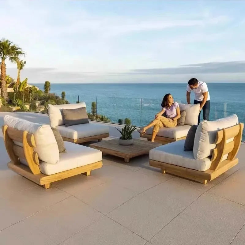 Outdoor Nordic Garden Furniture – Solid Wood Rattan Sofa & Coffee Table Combo