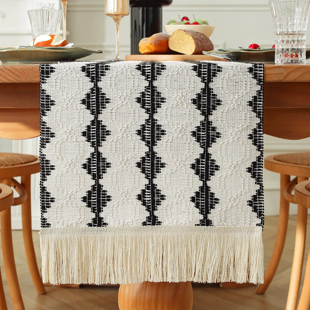 MACT Boho Table Runner with Tassels Home Decorate Macrame Cotton Linen Woven Table