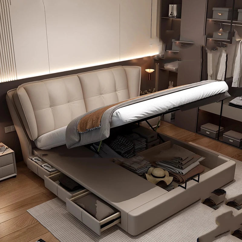 Modern Minimalist Leather Bed – Double Bedroom Storage Design, Unique Luxury Style