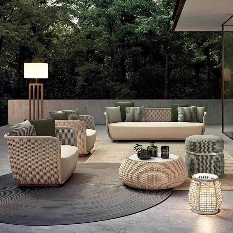 Outdoor Rattan Sofa – Three-Piece Waterproof Set for Villa Courtyard Garden