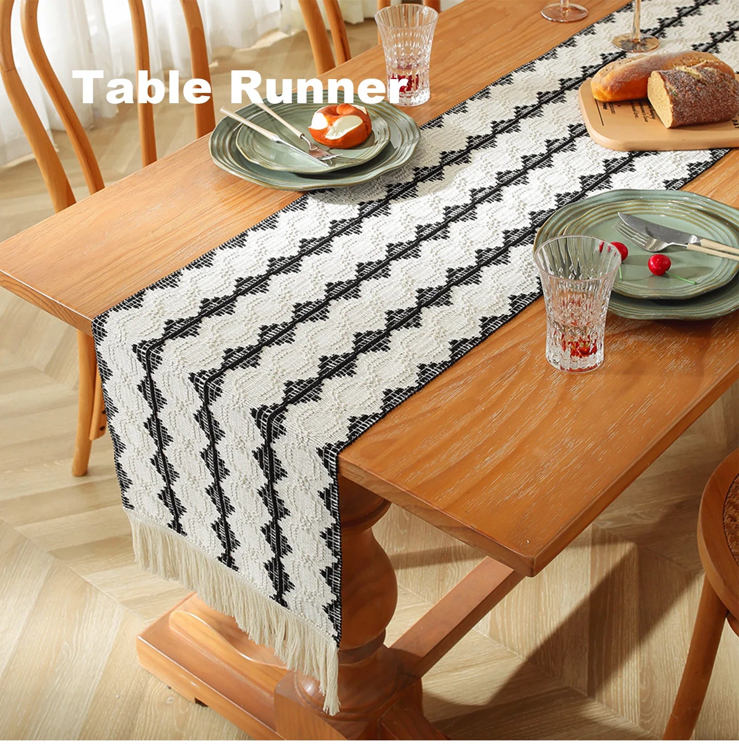 MACT Boho Table Runner with Tassels Home Decorate Macrame Cotton Linen Woven Table