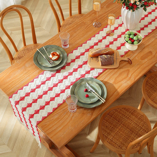 MACT Boho Table Runner with Tassels Home Decorate Macrame Cotton Linen Woven Table