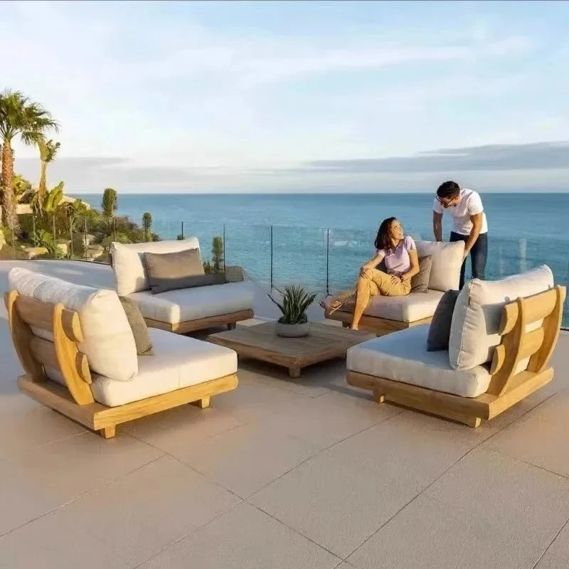Outdoor Nordic Garden Furniture – Solid Wood Rattan Sofa & Coffee Table Combo