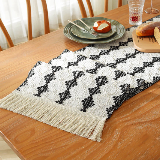 MACT Boho Table Runner with Tassels Home Decorate Macrame Cotton Linen Woven Table