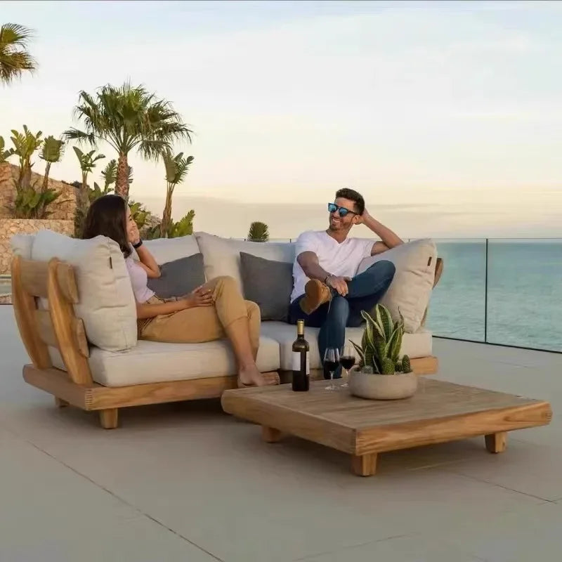 Outdoor Nordic Garden Furniture – Solid Wood Rattan Sofa & Coffee Table Combo
