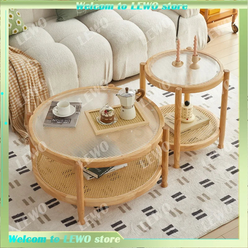 Solid Wood & Wicker Coffee Table – Modern Round Glass Top Design