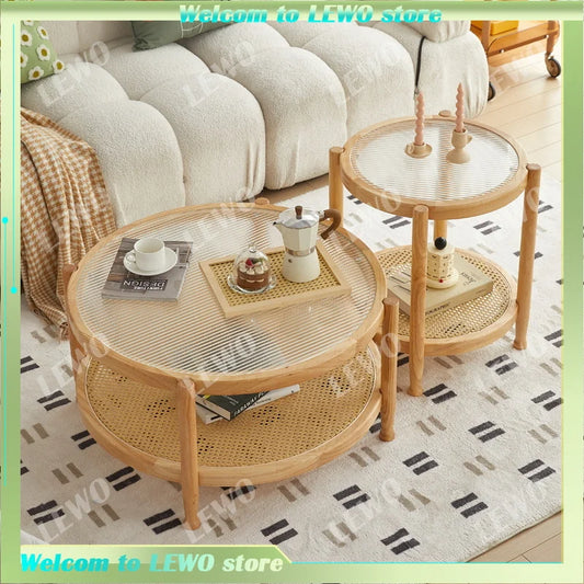 Solid Wood Wicker Coffee Table With Glass Top Modern Round Design