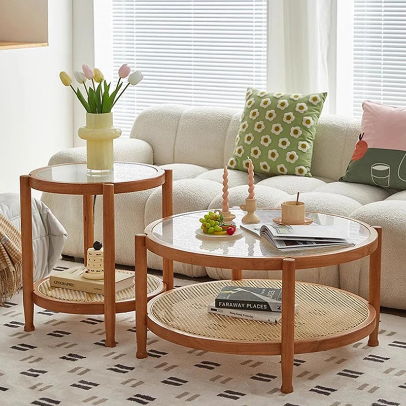 Solid Wood & Wicker Coffee Table – Modern Round Glass Top Design