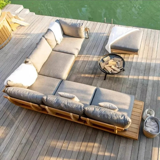 Outdoor Nordic Garden Furniture – Solid Wood Rattan Sofa & Coffee Table Combo
