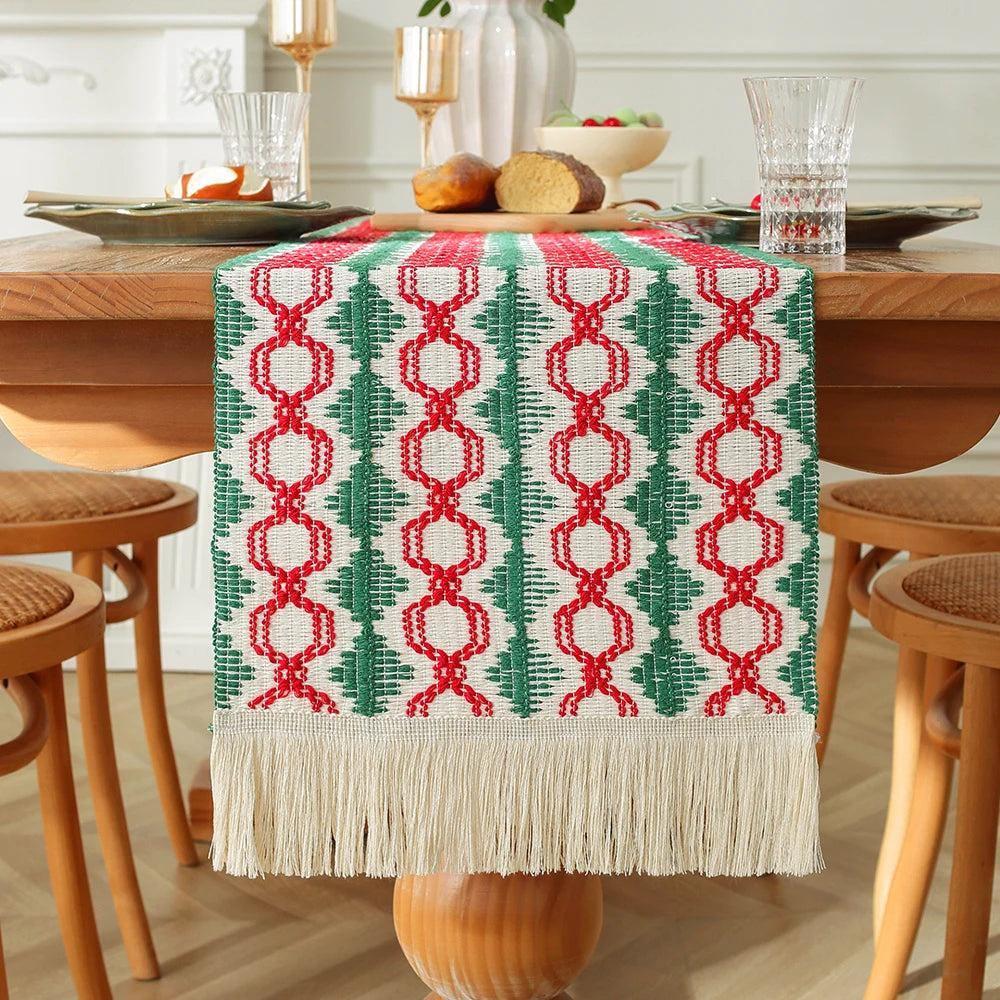 MACT Boho Table Runner with Tassels Home Decorate Macrame Cotton Linen Woven Table