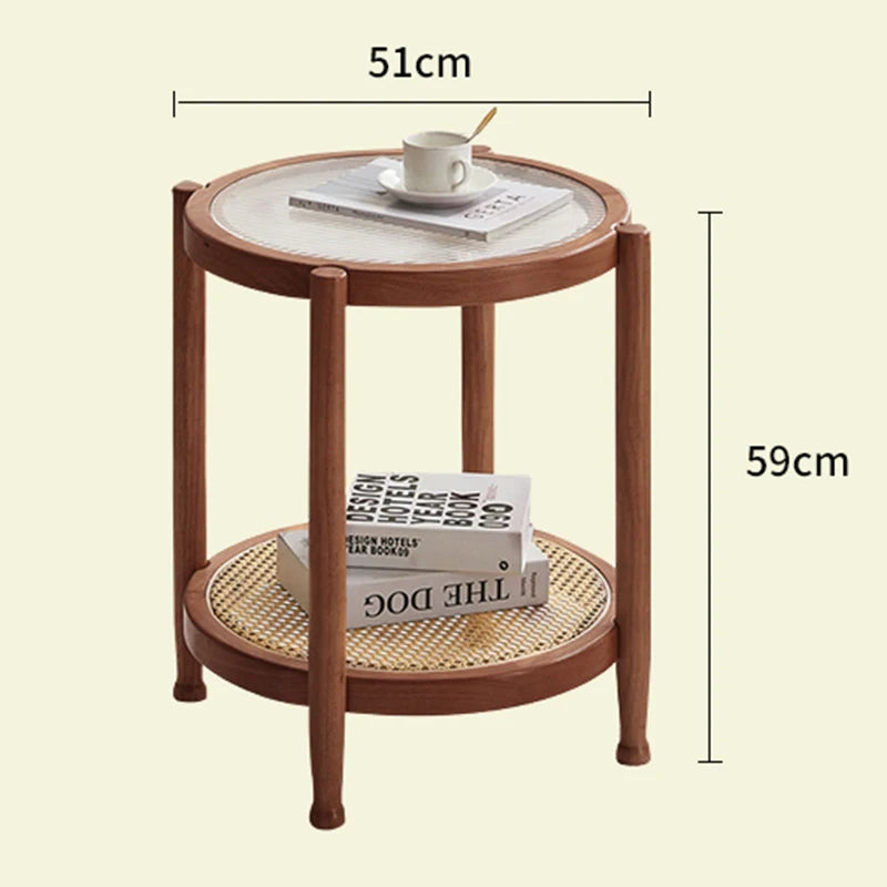 Solid Wood & Wicker Coffee Table – Modern Round Glass Top Design