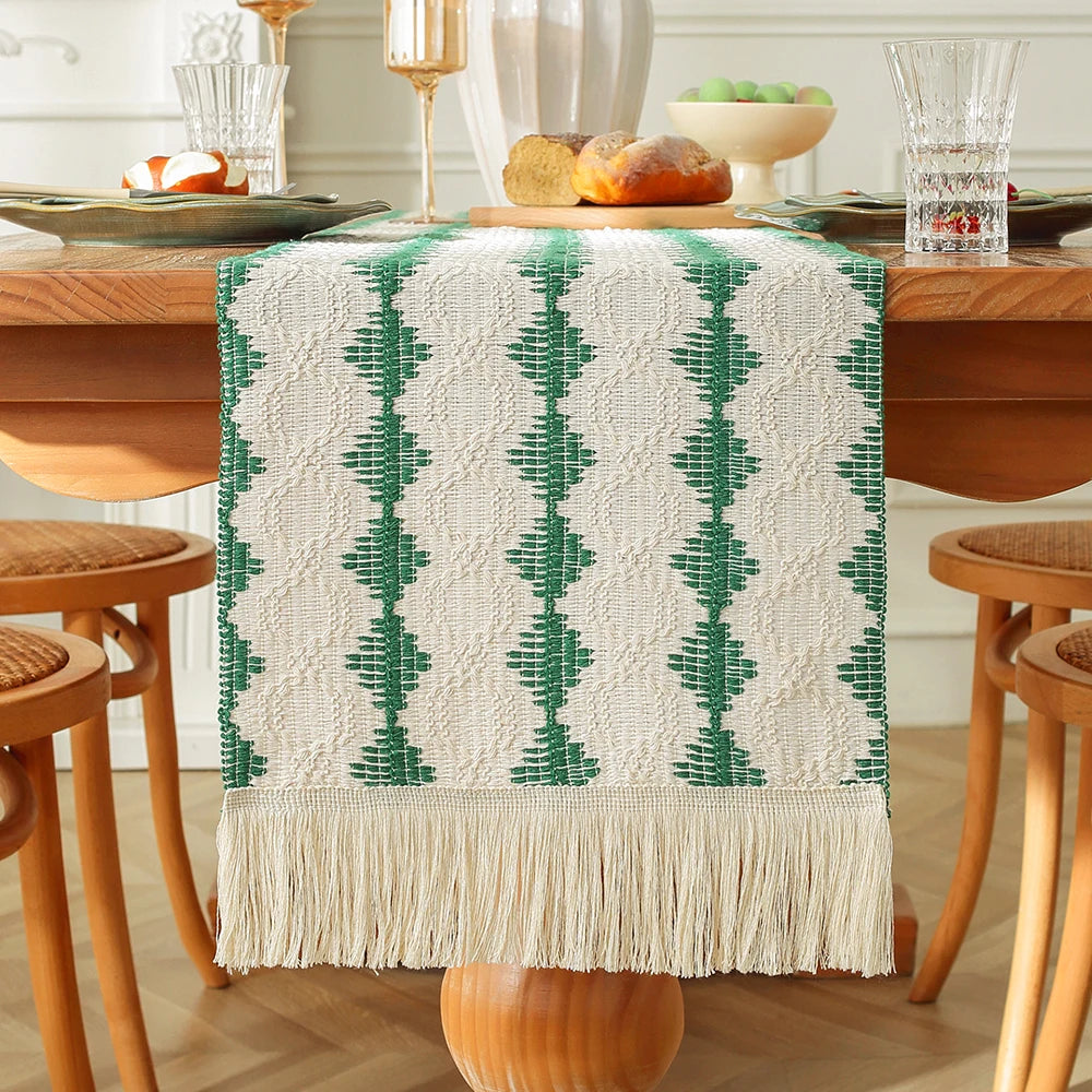 MACT Boho Table Runner with Tassels Home Decorate Macrame Cotton Linen Woven Table