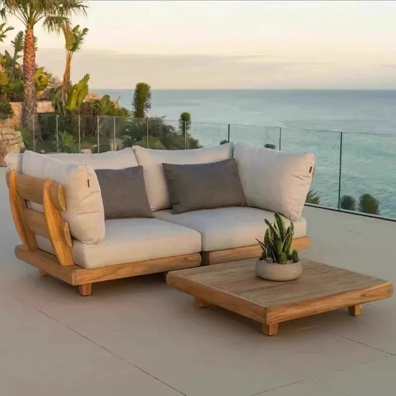 Outdoor Nordic Garden Furniture – Solid Wood Rattan Sofa & Coffee Table Combo