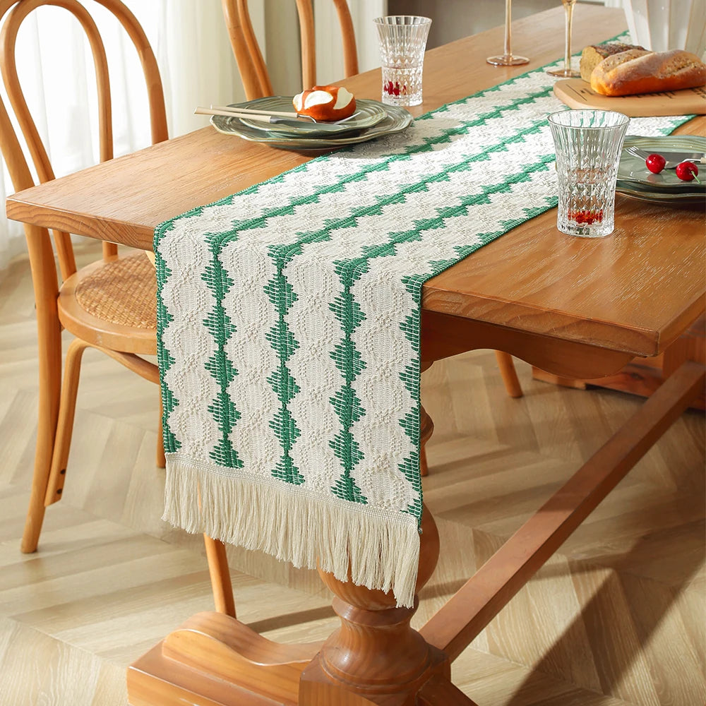 MACT Boho Table Runner with Tassels Home Decorate Macrame Cotton Linen Woven Table