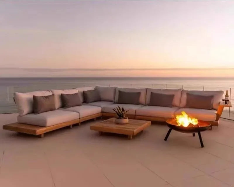 Outdoor Nordic Garden Furniture – Solid Wood Rattan Sofa & Coffee Table Combo