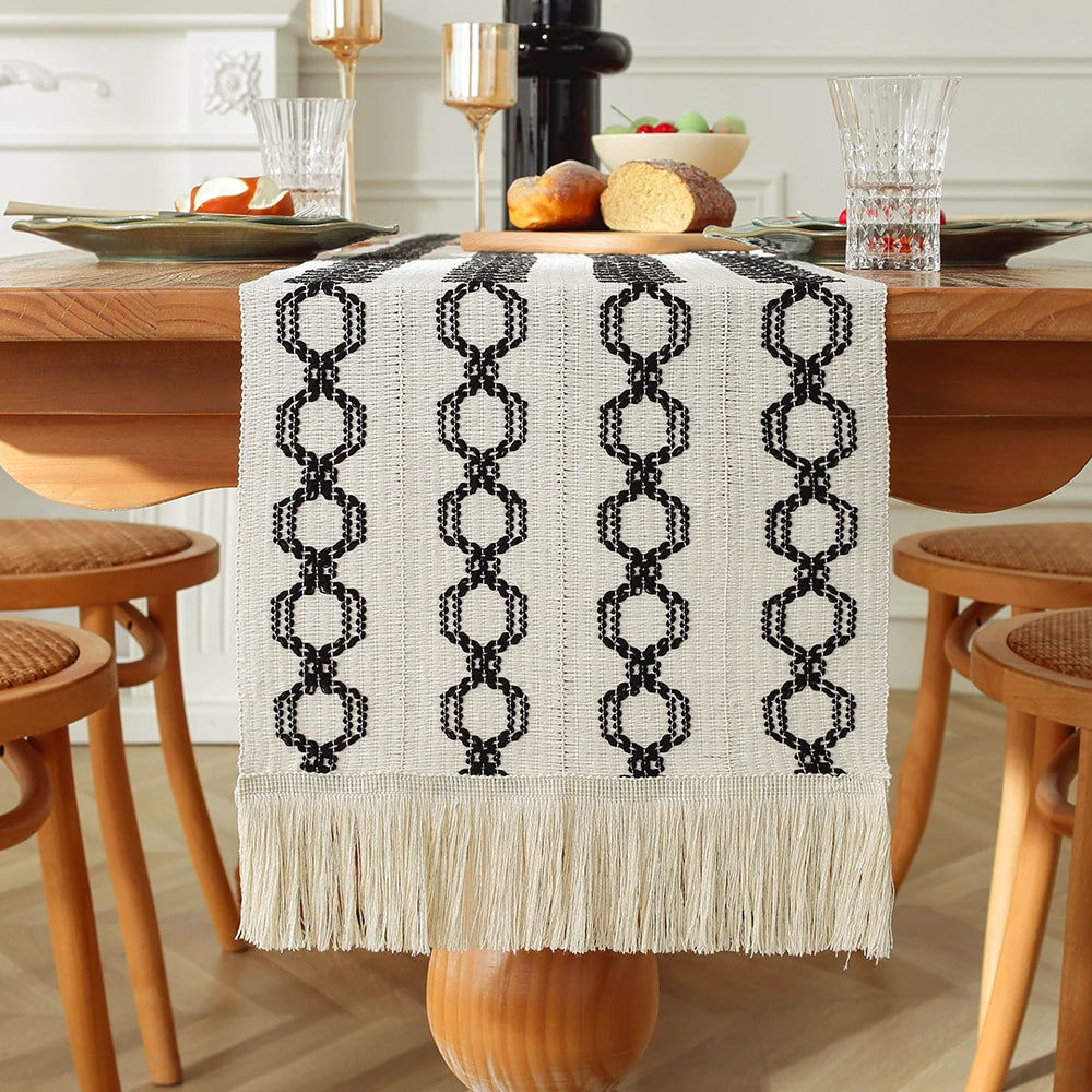 MACT Boho Table Runner with Tassels Home Decorate Macrame Cotton Linen Woven Table