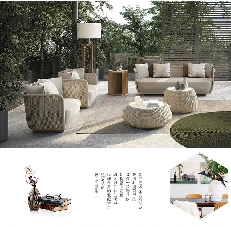 Outdoor Rattan Sofa – Three-Piece Waterproof Set for Villa Courtyard Garden