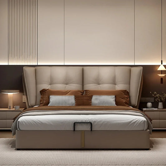 Modern Minimalist Bed Leather Double Bedroom Storage Bed Unique Luxury