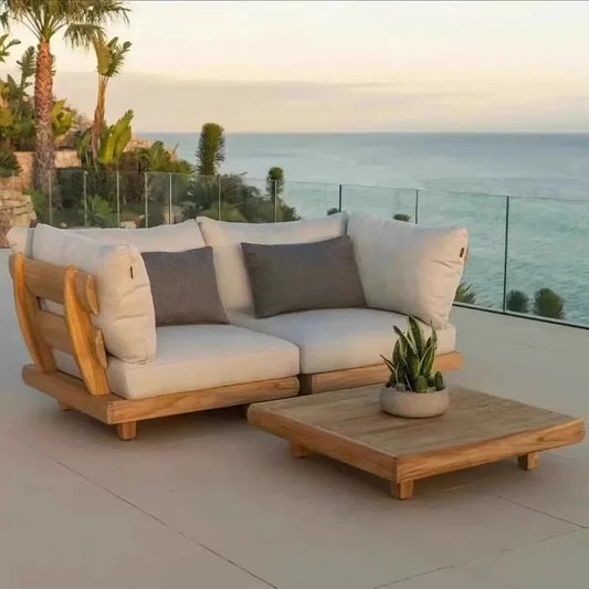 Outdoor Nordic Garden Furniture – Solid Wood Rattan Sofa & Coffee Table Combo