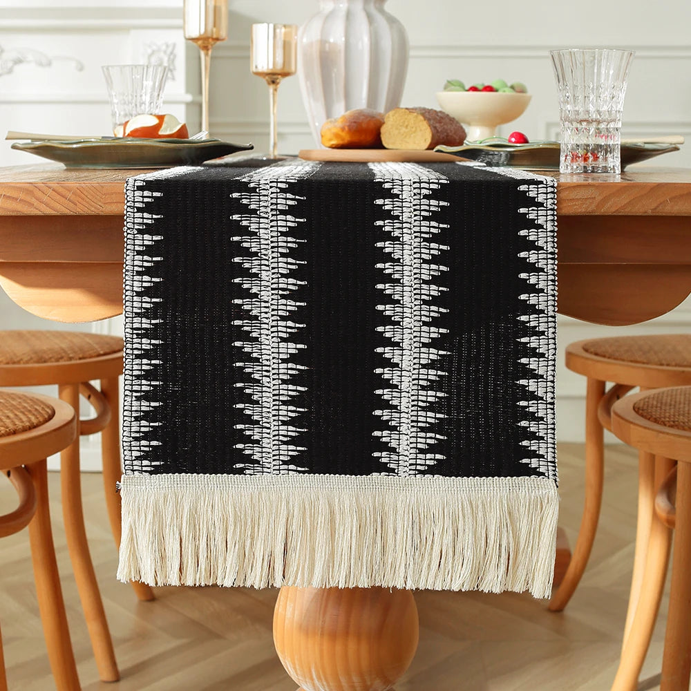 MACT Boho Table Runner with Tassels Home Decorate Macrame Cotton Linen Woven Table