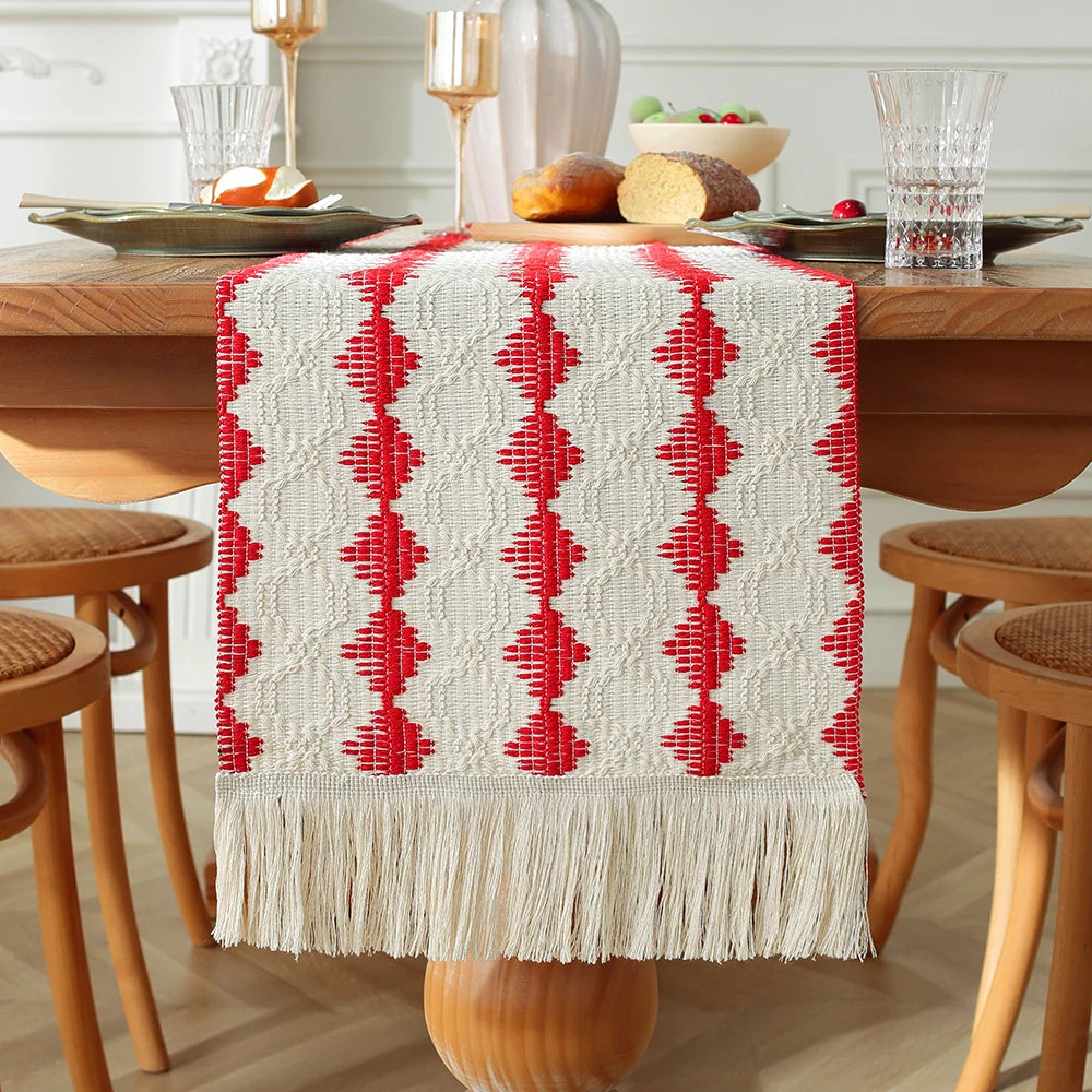 MACT Boho Table Runner with Tassels Home Decorate Macrame Cotton Linen Woven Table