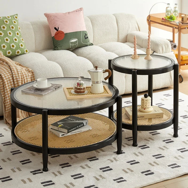 Solid Wood & Wicker Coffee Table – Modern Round Glass Top Design